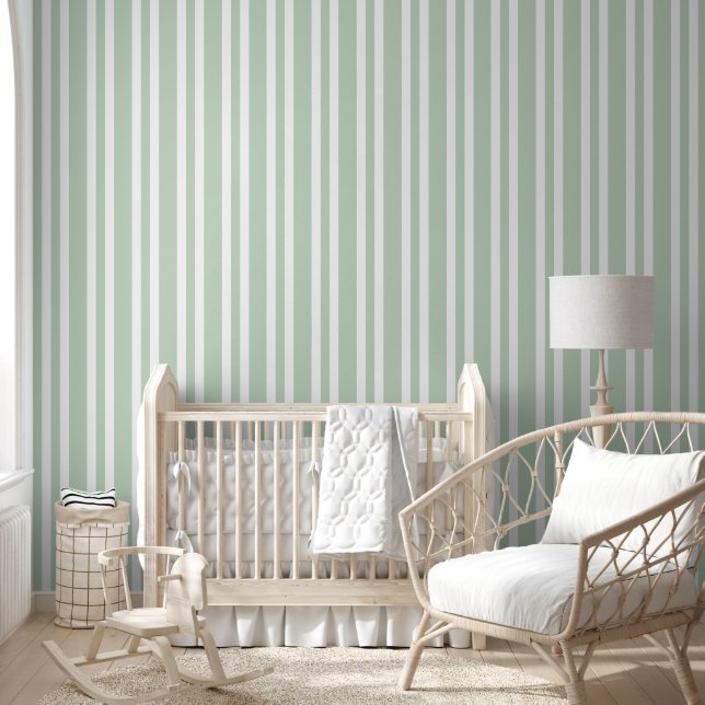Papier Peint Motif Pastel Sage Green White Stripes (Enfants)