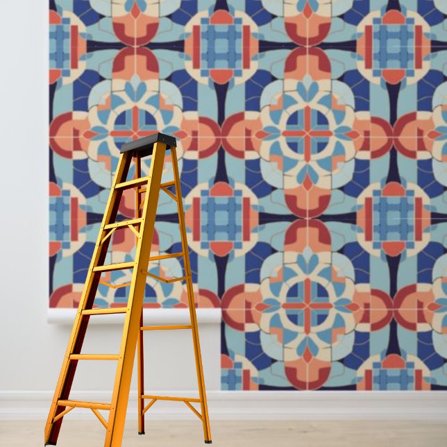 Papier Peint Motif Peel Stick bleu orange géométrique Carreaux (Peel Stick Blue Orange Geometric Tiles Pattern Wallpaper)