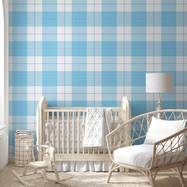 Papier Peint Motif plaid bleu et blanc pour bébé (Enfants)