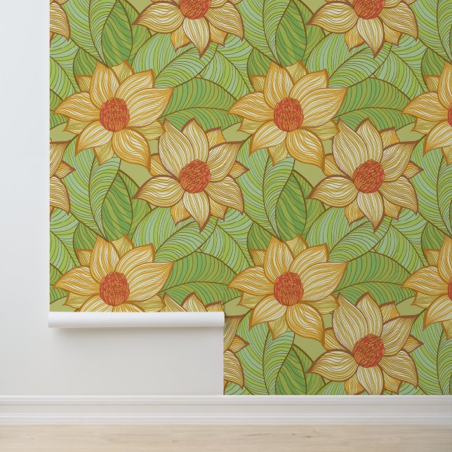Papier Peint Motif Retro Magnolia (Application)