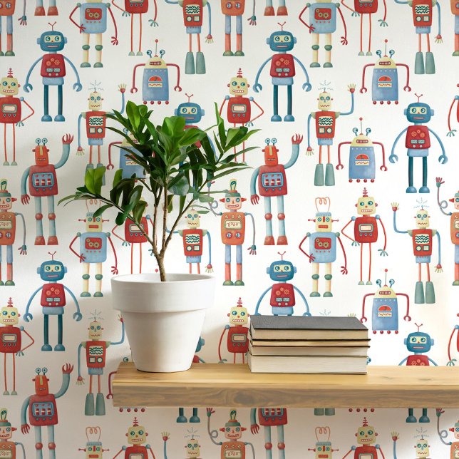 Papier Peint Motif robot amusant (Fun robot pattern wallpaper for nursery and kids room decor)