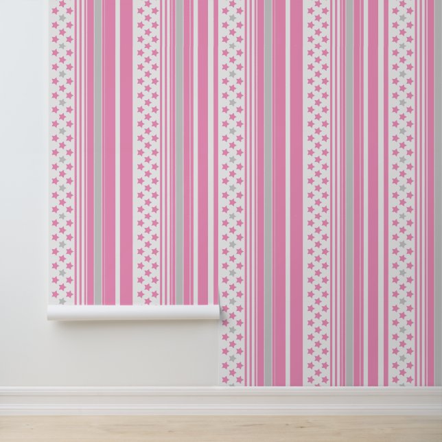 Papier Peint Motif rose rayé avec des étoiles (Application)