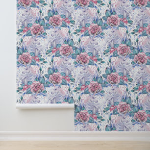 Papier Peint Motif Rose rose et bleu