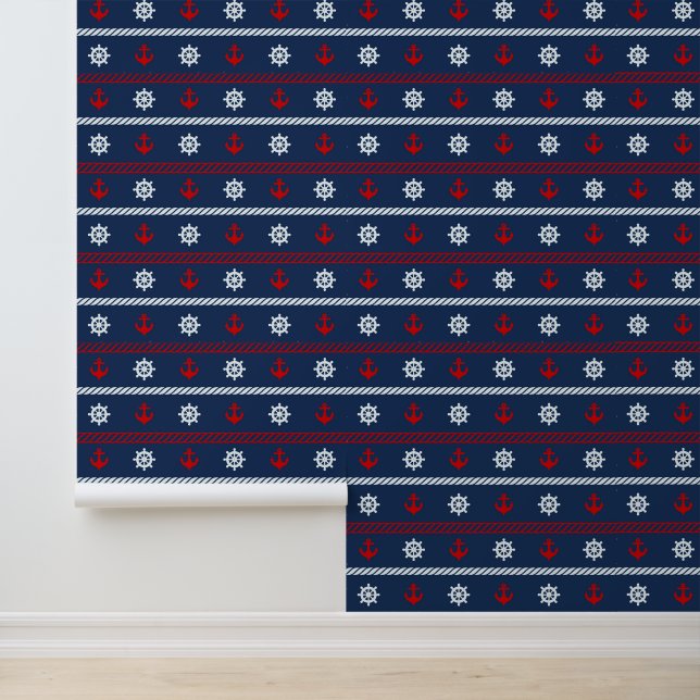 Papier Peint Motif Rouge Blanc Et Bleu Océan (Application)