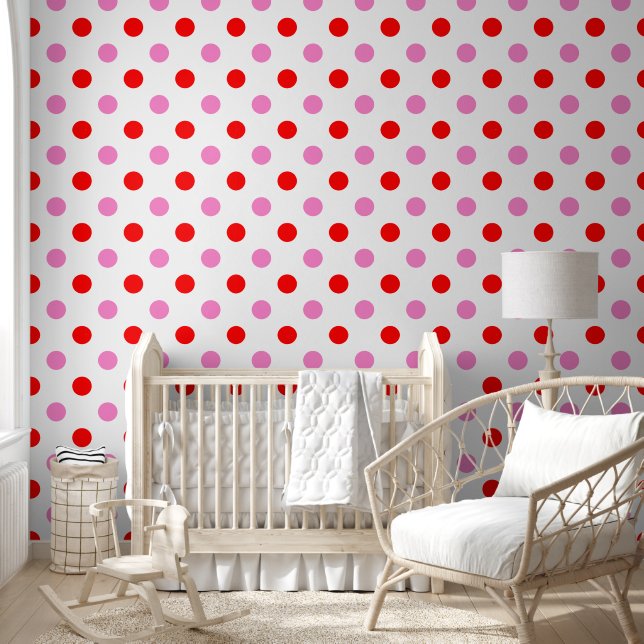 Papier Peint Motif Rouge et Rose sur Fond Blanc à Points  (Enfants)