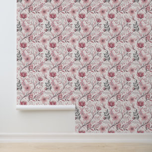 Papier Peint Motif Sakura en fleurs de cerises roses sur blanc