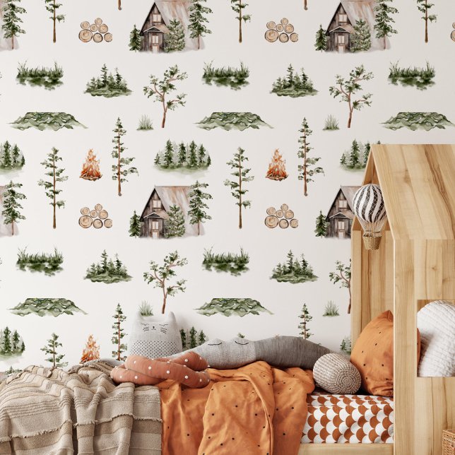 Papier Peint Motif sans couture de cabane forestière à l'aquare (In situ)