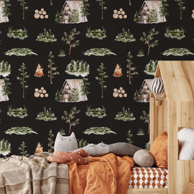 Papier Peint Motif sans couture de cabane forestière à l'aquare (In situ)
