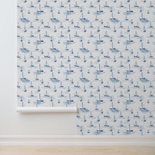 Papier Peint Motif Serene Navy Blue Small Sailing Boats