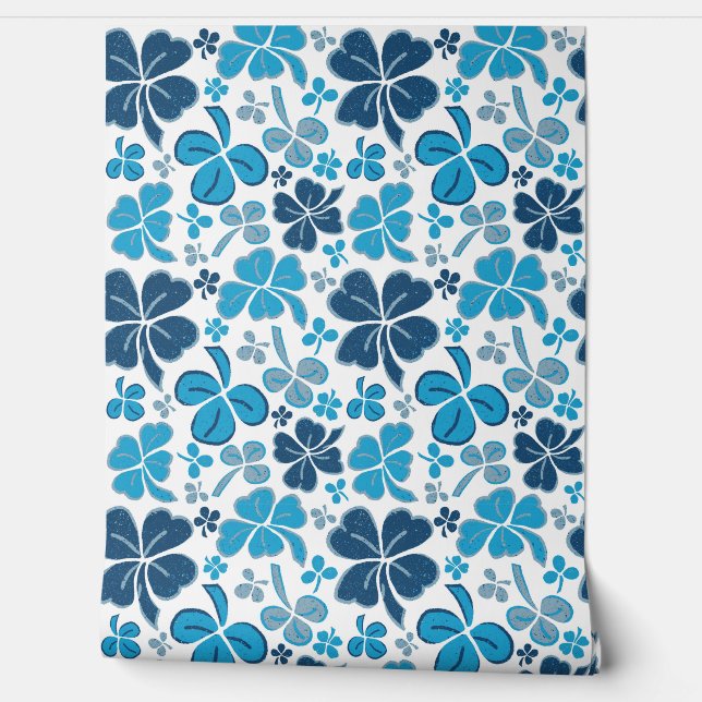 Papier Peint Motif Shamrock de trèfle bleu blanc (Déroulement)
