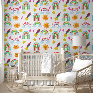 Papier Peint Motif soleil étoile arc-en-ciel bohème mignon pour
