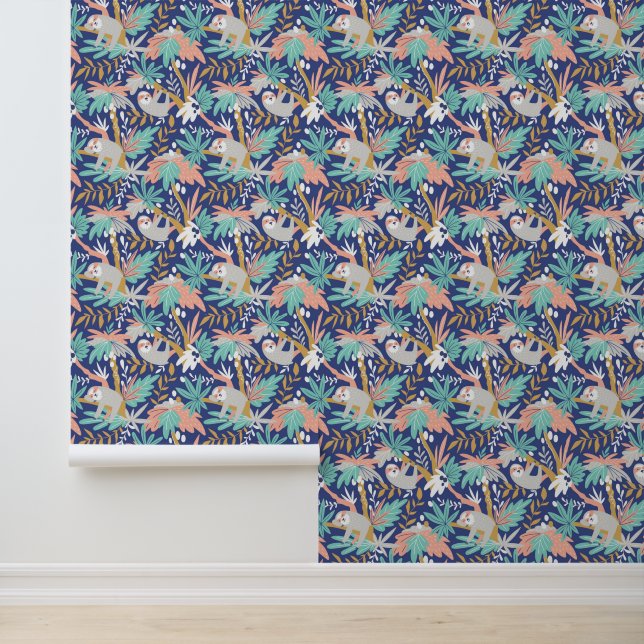 Papier Peint Motif Tropical Blue Sloth (Application)