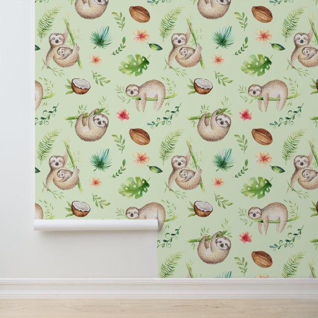 Papier Peint Motif Tropical Coconut Sloth (Application)