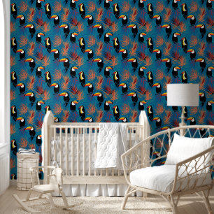 Papier Peint Motif Tropical Toucan & Palm Leaf sur Blue
