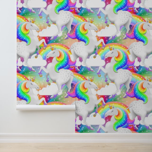 Papier Peint Motif Unicorne Arc en ciel gras | Chambre pour enf (Application)
