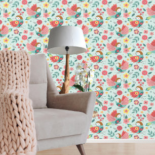 Papier Peint Motif vert rose Oiseau coloré superbe