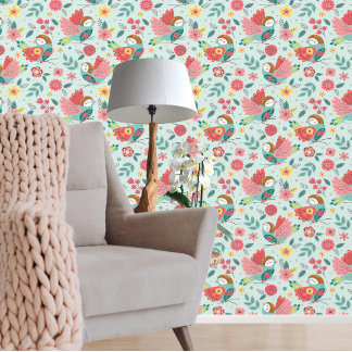 Papier Peint Motif vert rose Oiseau coloré superbe