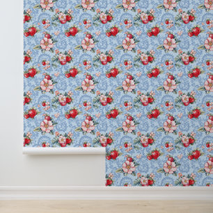 Papier Peint Motif vintage de fraises et fleurs