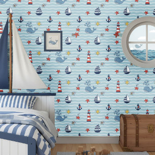 Papier Peint Motif voilier, vague et baleine ID1228