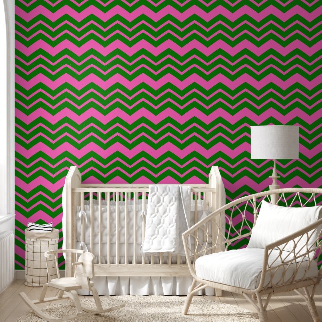 Papier Peint Motif Zigzag Chevron Rose Vert  (Enfants)
