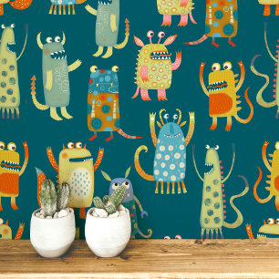 Papier Peint Motifs de monstres amusants vert sarcelle