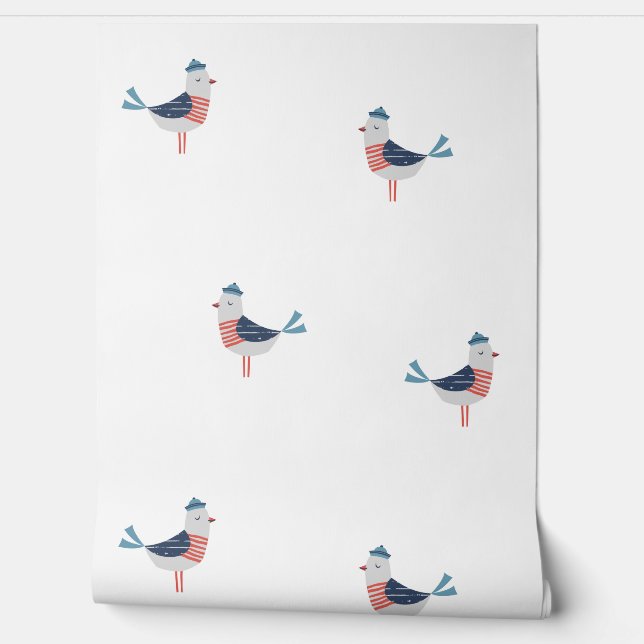 Papier Peint Mouettes de mer mignonnes sur blanc (Déroulement)