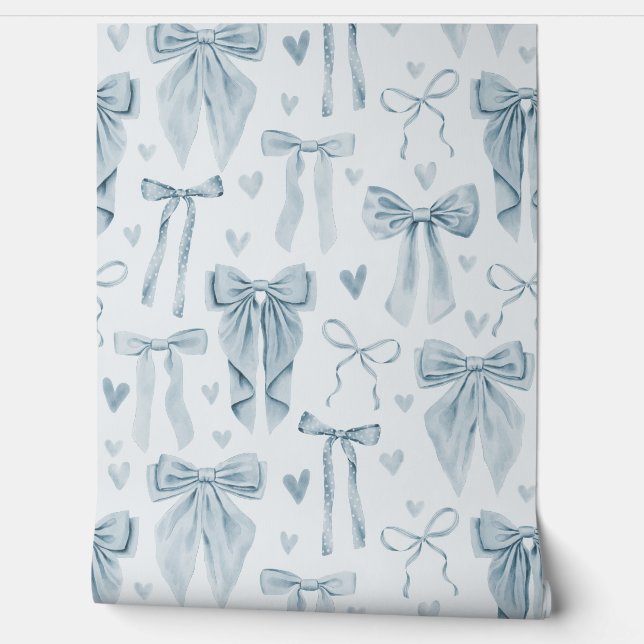 Papier Peint Muted Baby Blue Hand-Drawn Bows on Soft Blue (Déroulement)
