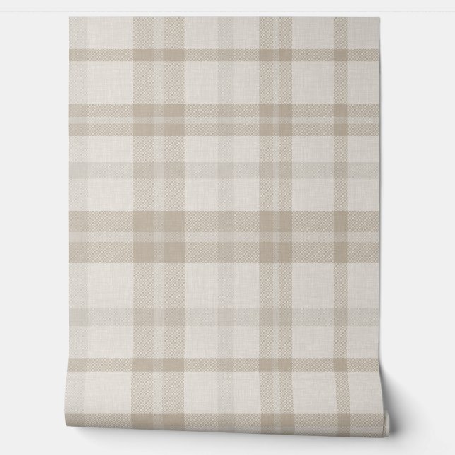 Papier Peint Muted Farmhouse Taupe Plaid w/ Linen Texture (Déroulement)