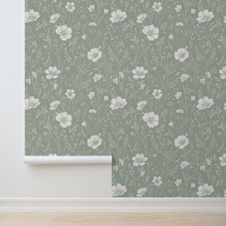 Papier Peint Muted Sage Green And White Wildflower Pattern