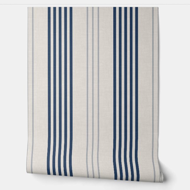Papier Peint Navy Slate Ticking Stripe Linen Texture (Déroulement)