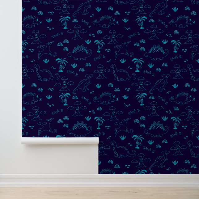 Papier Peint Neon Navy Dinosaur Doodle Wallpaper (Application)