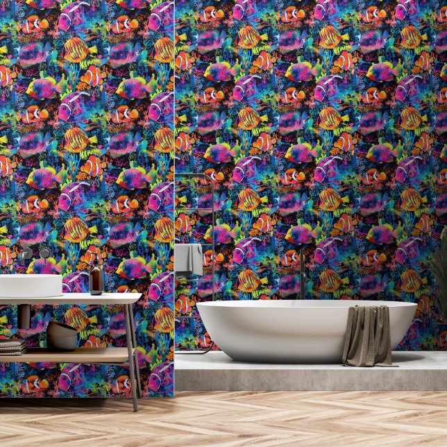 Papier Peint Neon Sea Life Motif (Salle de bain)