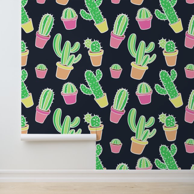 Papier Peint Neon Watercolor Cacti in Pot Pattern (Application)