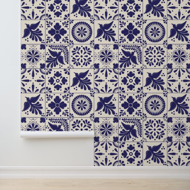 Papier Peint Nil Bleu Linge mexicain traditionnel Talavera Carr (Application)