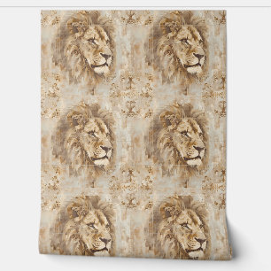 Papier Peint Noble Lion Petite - Beige, Or, Blanc