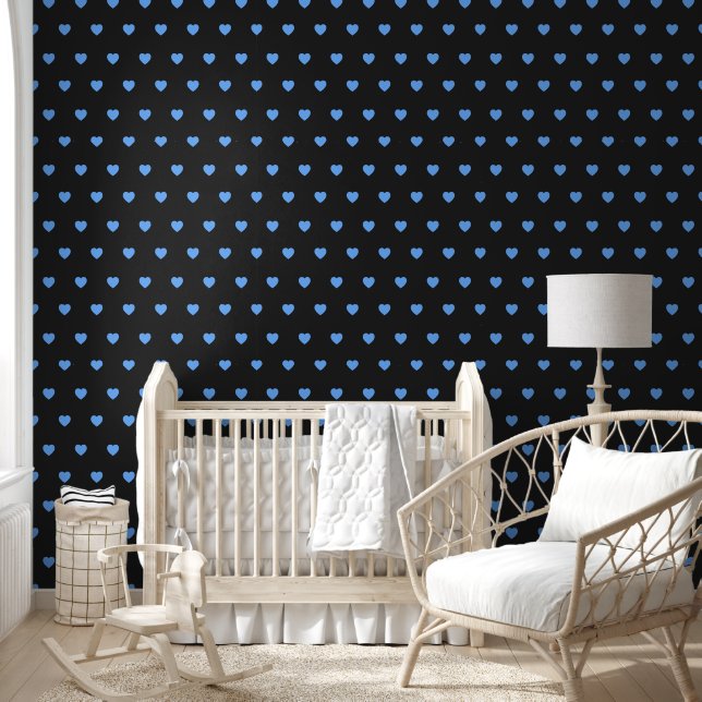 Papier Peint Noir avec Coeurs Bleus (Enfants)