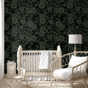 Papier Peint Noir et Sage Vert fleur fleurie écorce et bâton