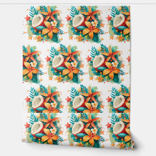Papier Peint noix de coco aux fleurs et coquilles