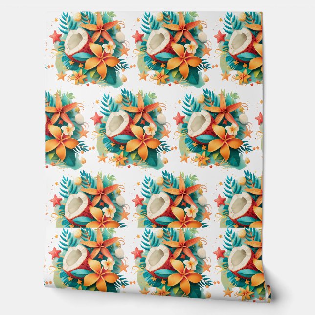 Papier Peint noix de coco aux fleurs et coquilles (Déroulement)