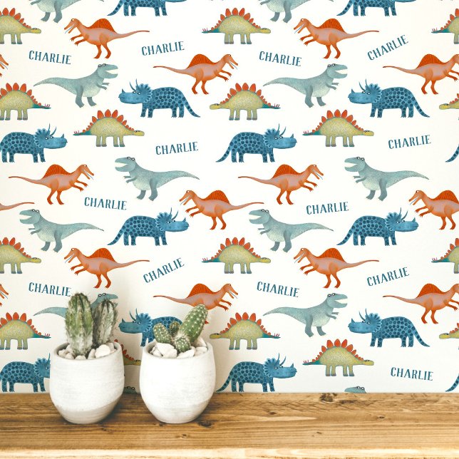 Papier Peint Nom de dinosaure personnalisé (Fun unique personalized dinosaur wallpaper with child's name for kid's room and nursery)