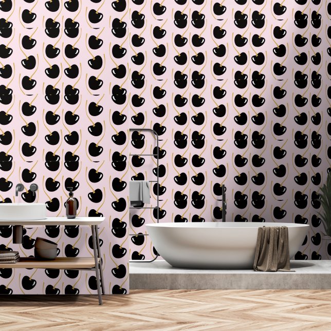 Papier peint nostalgique rose poudré cerise noire  (Salle de bain)