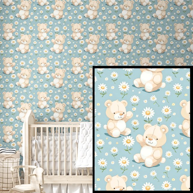 Papier Peint Nounours et fleurs blanches sur bleu d'Aqua foncé (Créateur téléchargé)