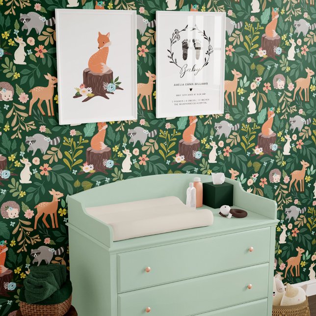 Papier Peint Nourriture Forêt Boisée Animaux Foliage & Floraux (Nursery Woodland Forest Animals Foliage & Florals Wallpaper)