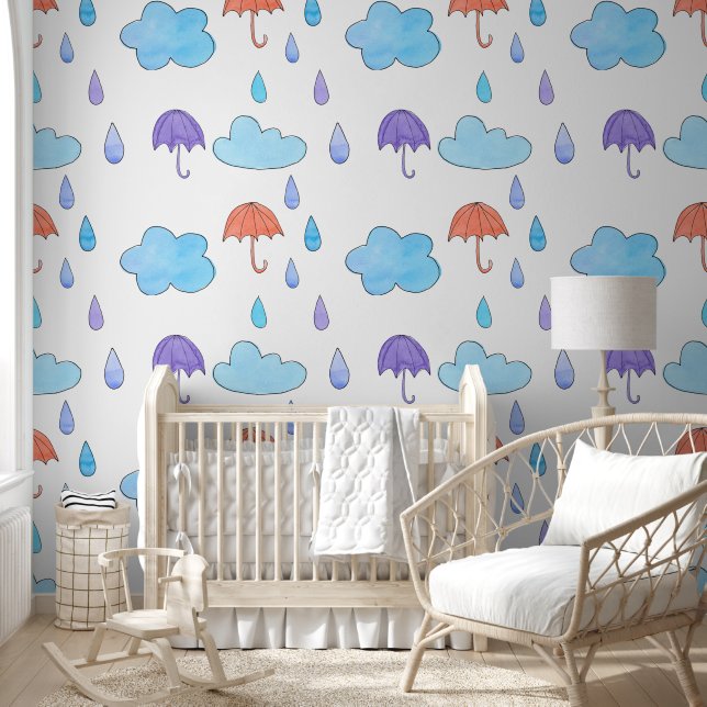 Papier Peint Nuages bleus et parapluies de pluie (Enfants)
