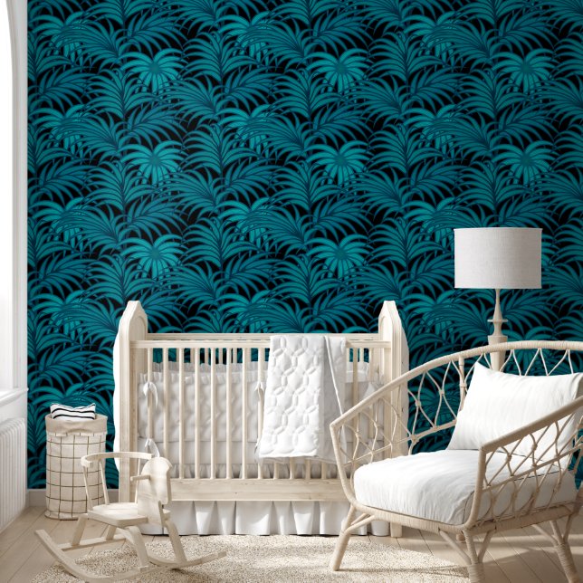 Papier Peint Nuit Tropical Turquoise Palm Feuilles (Enfants)