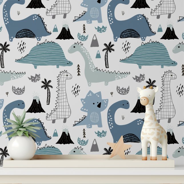 Papier Peint Nursery Autocollant Dinosaure Bleu Mignon (Créateur téléchargé)