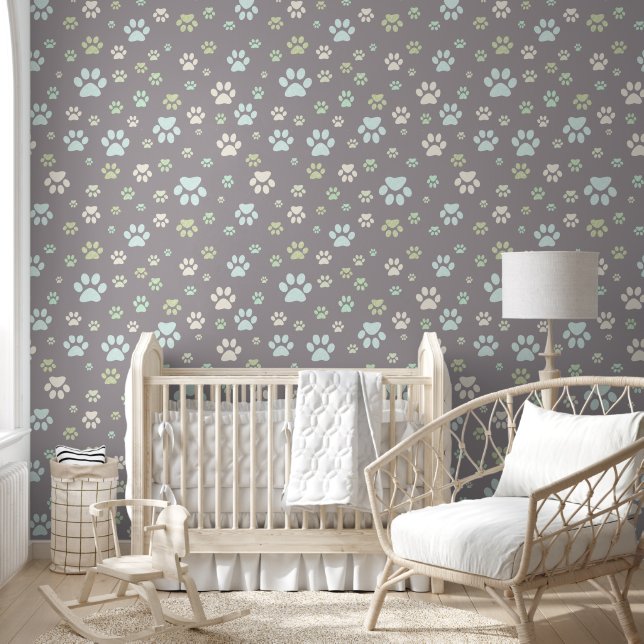 Papier Peint Nursery Moderne Empreinte de Patte Menthe et Grise (Enfants)