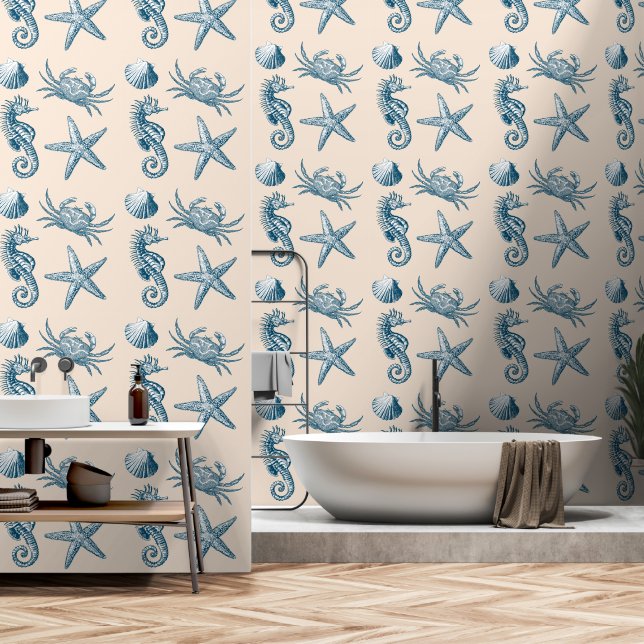 Papier Peint Ocean Beach Seahorse Starfish Crabe & Shell Motif (Salle de bain)