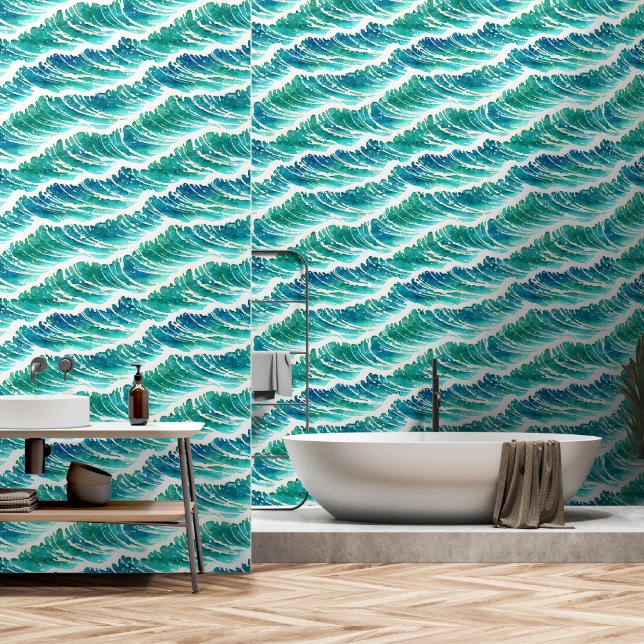 Papier Peint Océan vagues côtier sans coutures motif nautique (Salle de bain)