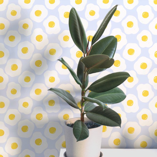 Papier Peint Œufs Frits Drôles Motif Bleu (Fun fried egg food art peel and stick wallpaper for kitchen, diner, cafe or restaurant)